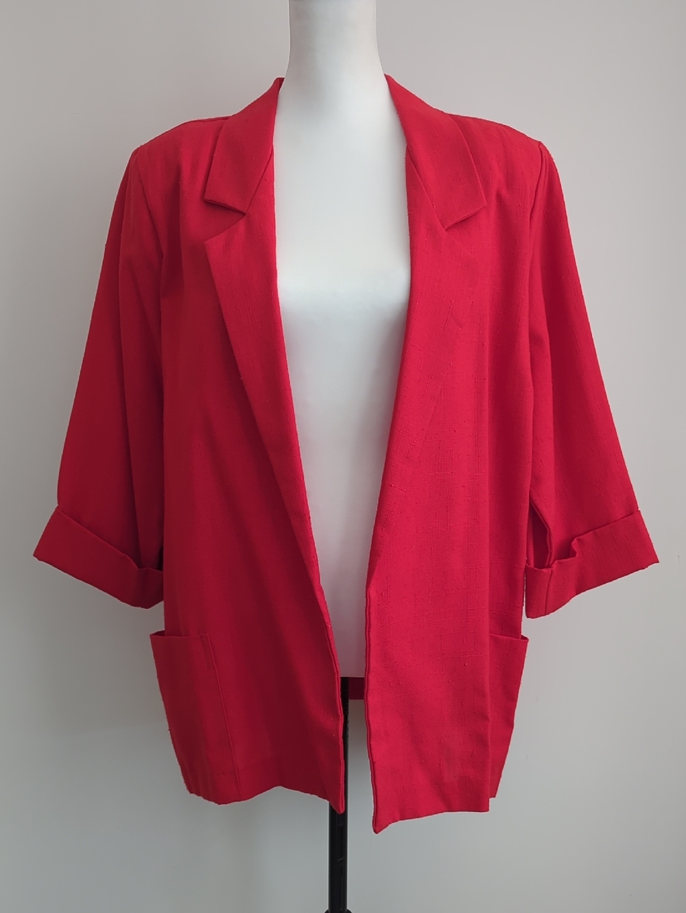 Joanna Vintage Open-Front Vibrant Red Boyfriend Boxy Blazer 3/4 Sleeves LARGE